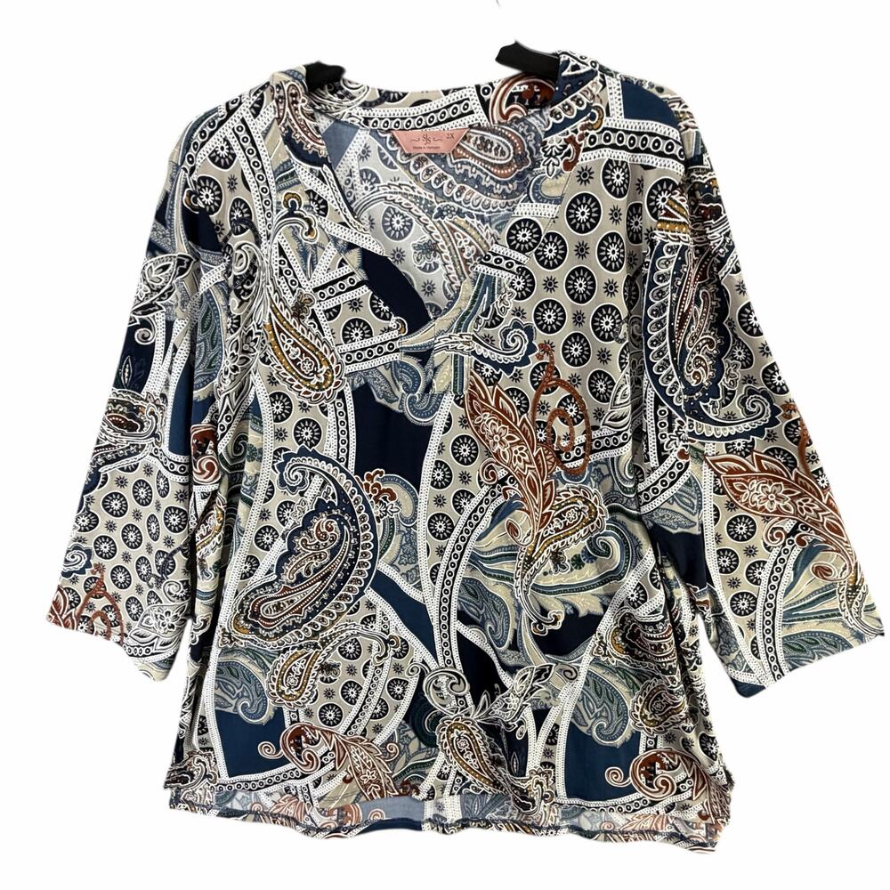 SJS Blouse Top Womens 2XL Blue Multi Paisley Print 3/4 Hi Lo Flowy Retro‎ Boho
